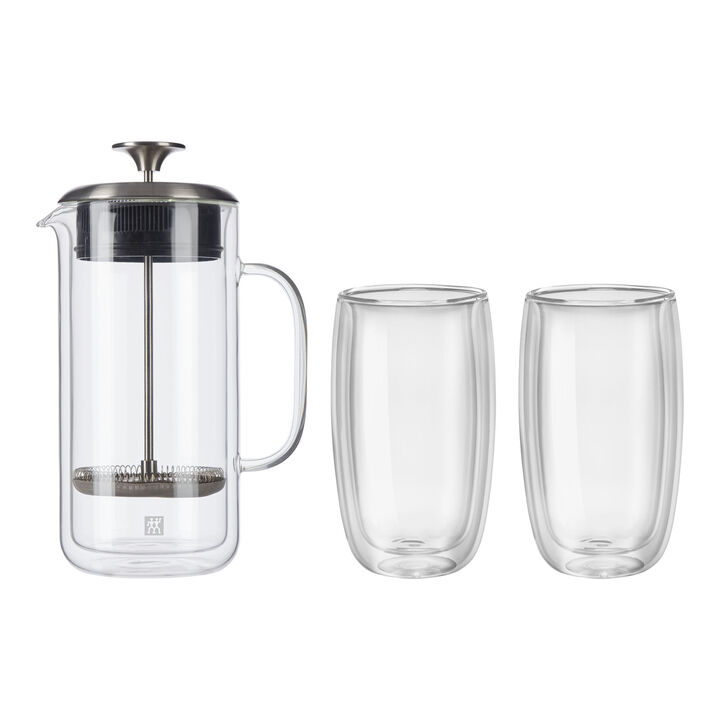 Sorrento Double Wall Glassware, 3-pc French Press And Latte Glass Set, large 1