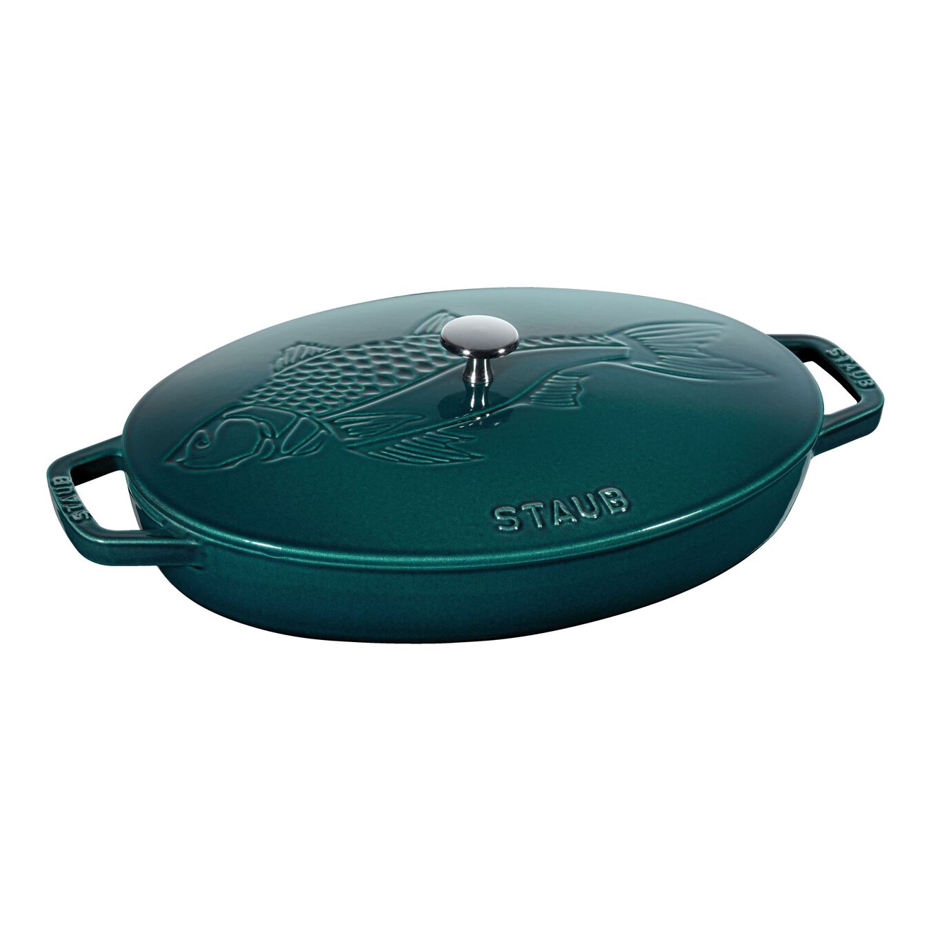 Staub Cast Iron 2.75qt Oval Gratin with Fish Lid Visual