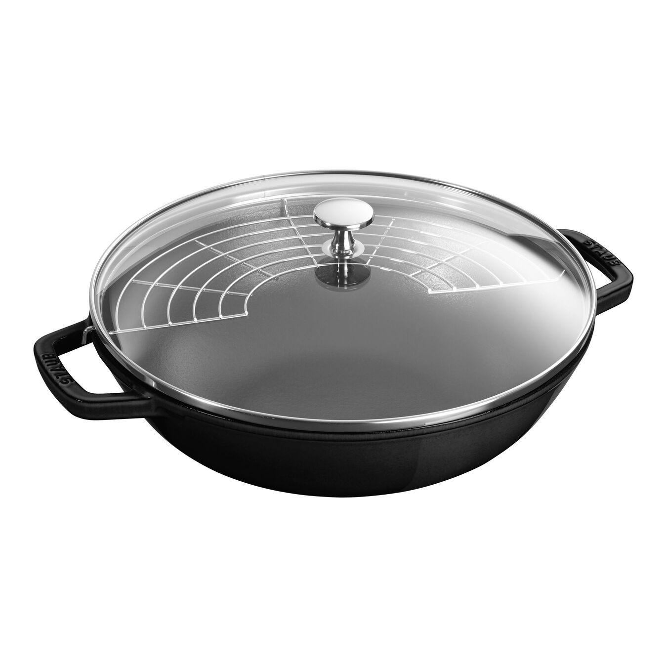30 cm Cast iron Wok with glass lid black,,large 1