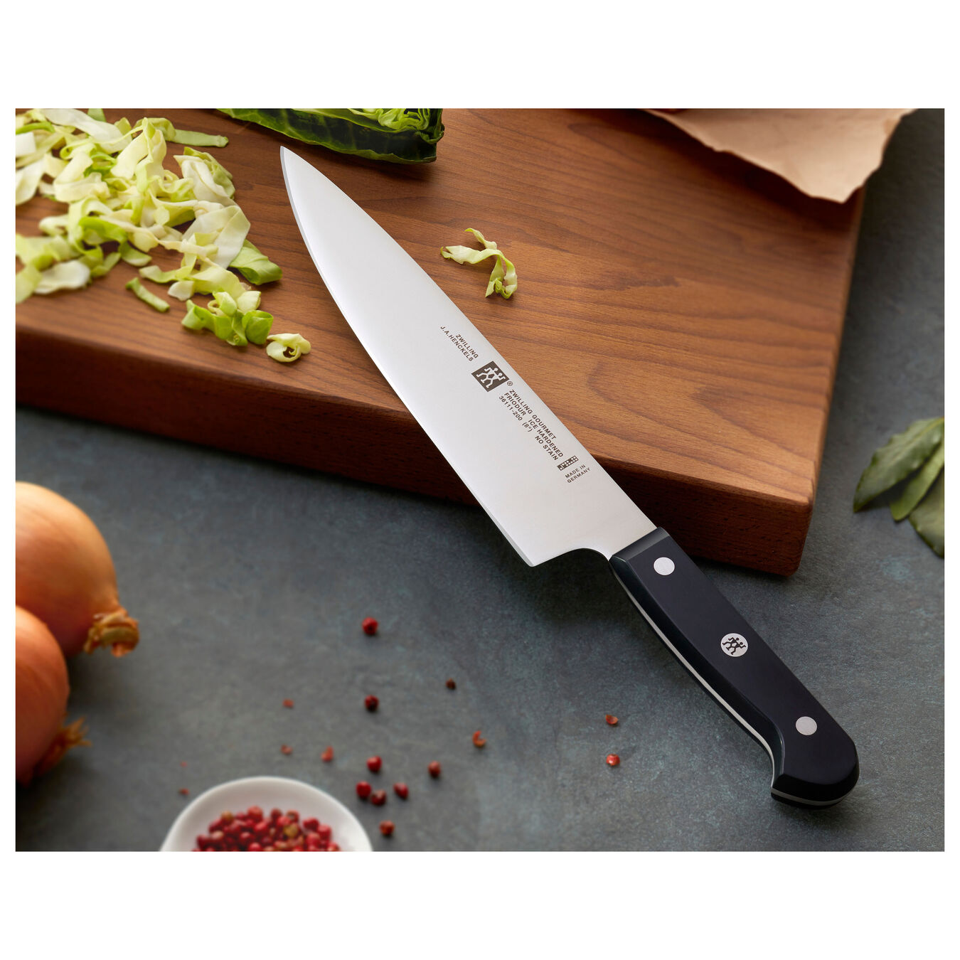 A traditional 8-inch Zwilling chef knife A traditional 8-inch Zwilling chef knife