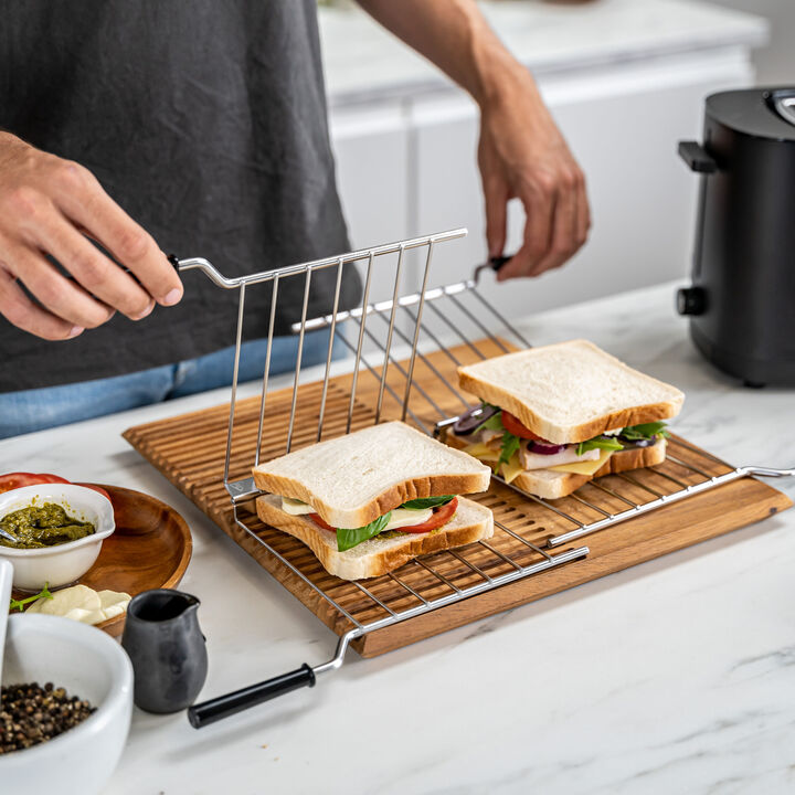 ENFINIGY, Tostapane con scaldapanini e pinze, 4-pz. / 2 scomparti lunghi, argento / bianco, Acciaio, large 2