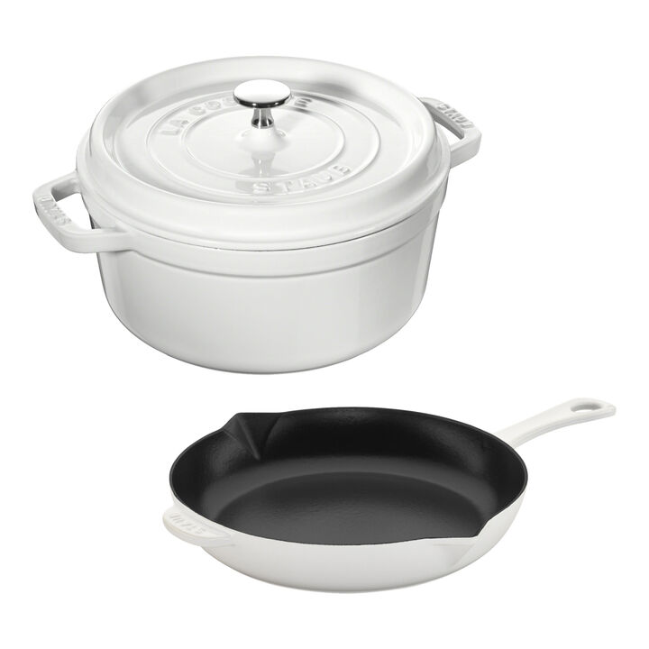Cast Iron, 3-pc, Cocotte and Fry Pan Set, white, large 1