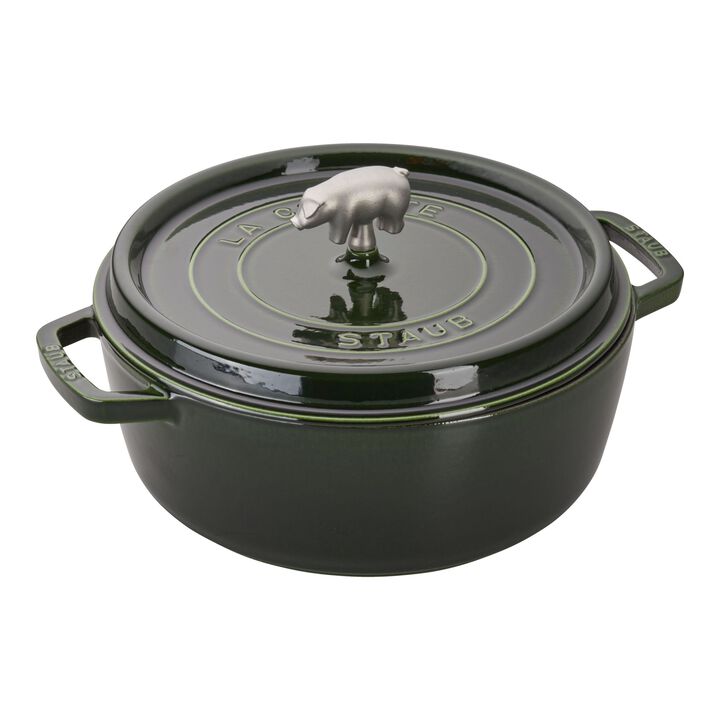 Cast Iron, 6 qt, Pig, Cochon Shallow Wide Round Dutch Oven, Basil, large 1