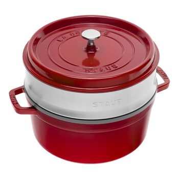 5.25 l cast iron round Cocotte with steamer, cherry,,large 1