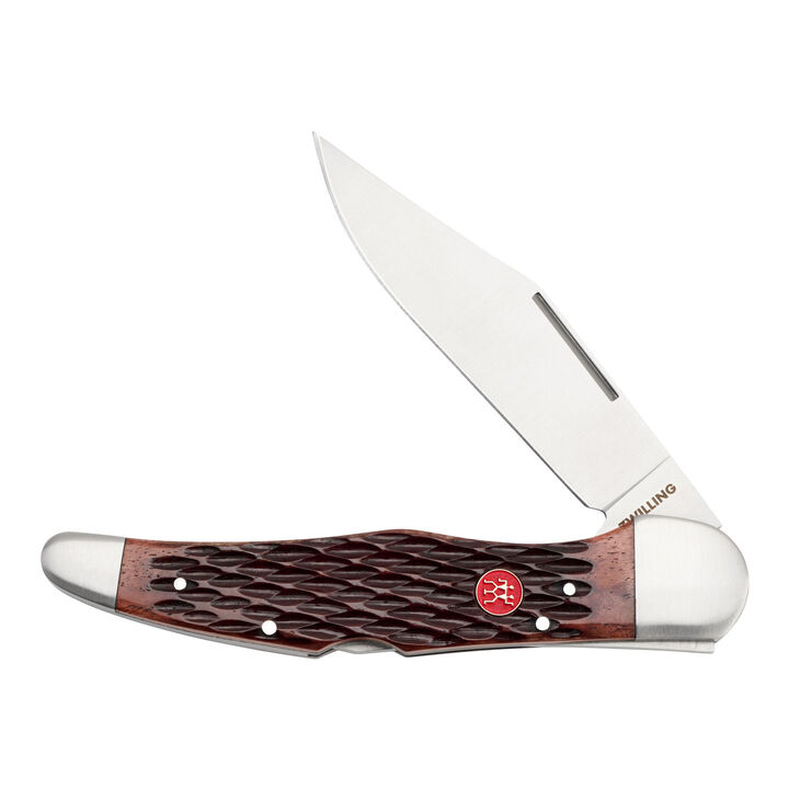 Outdoor, 4-inch, Folding Hunter Pocket Knife With Leather Sheath, Brown Jigged Bone, large 1