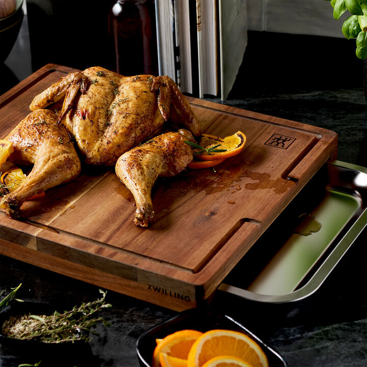 BBQ+, 17-inch x 14-inch Cutting Board With Tray, Acacia , large 2