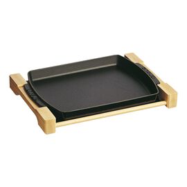 Staub Cast Iron - Specialty Items, 13-inch x 9-inch, rectangular Serving Dish with Wood Base, black matte