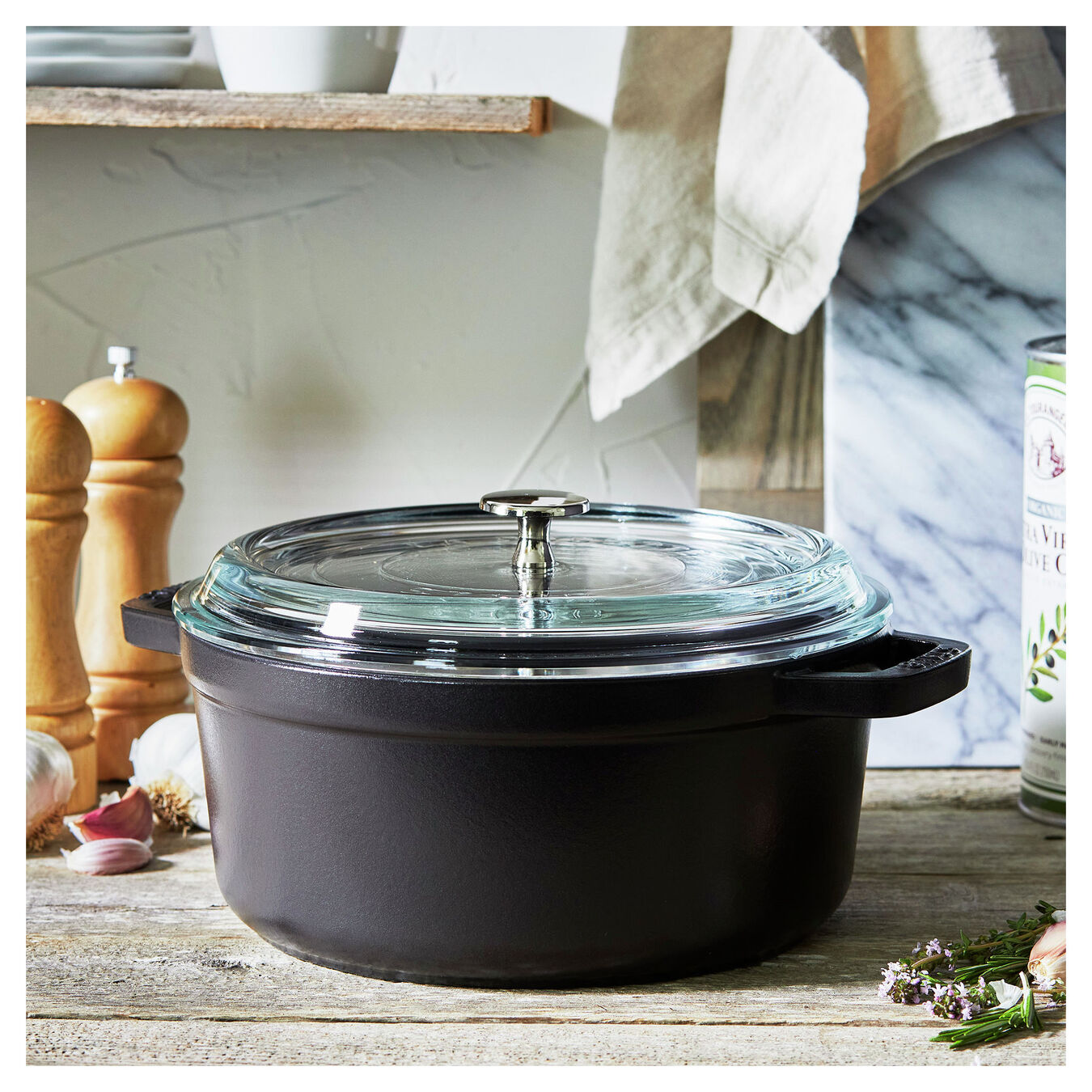3.8 l cast iron round Cocotte with glass lid, black,,large 4
