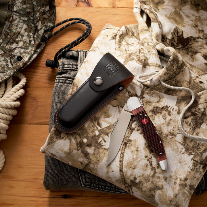 Outdoor, 4-inch, Folding Hunter Pocket Knife With Leather Sheath, Brown Jigged Bone, large 3