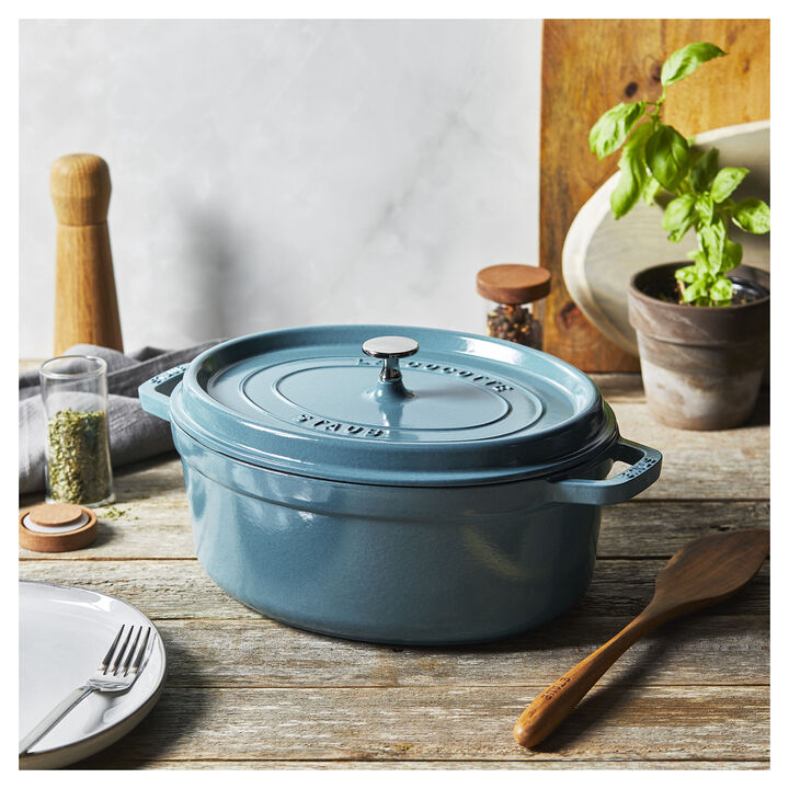 Cast Iron, 5.75 qt, Oval, Dutch Oven, Turquoise, large 2