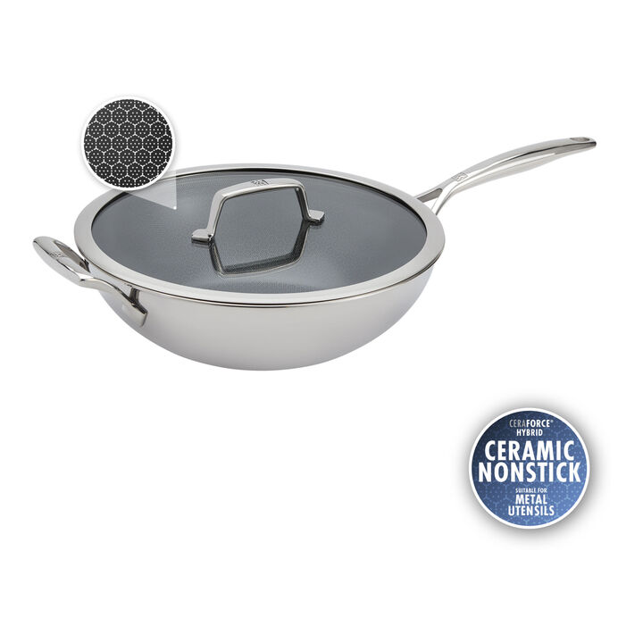 Peak, 12-inch, 18/10 Stainless Steel, Wok With Lid, Silver, large 1