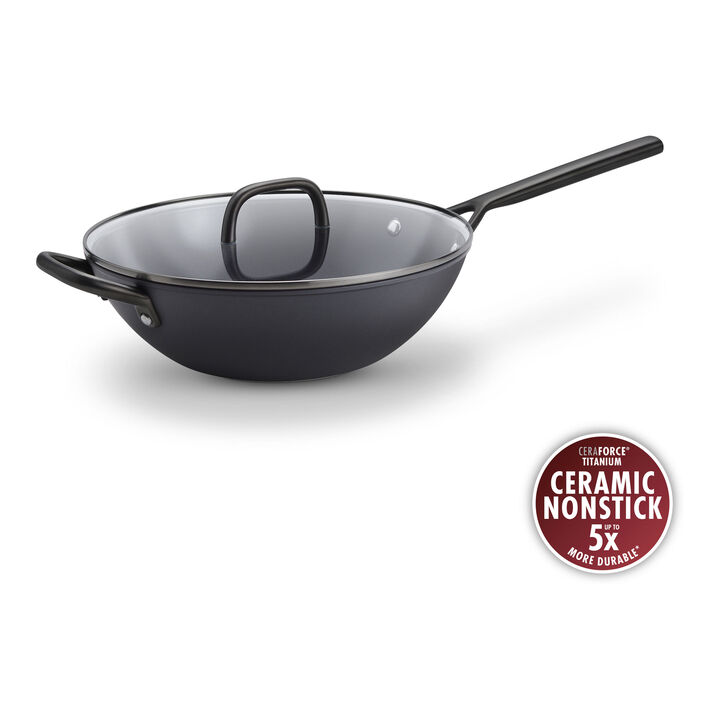 Milano, 12-inch, Aluminum, Wok With Glass Lid, Black Matte, large 1