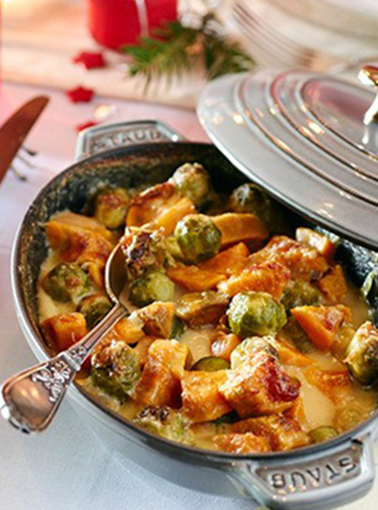 Sweet potato and Brussel sprouts gratin