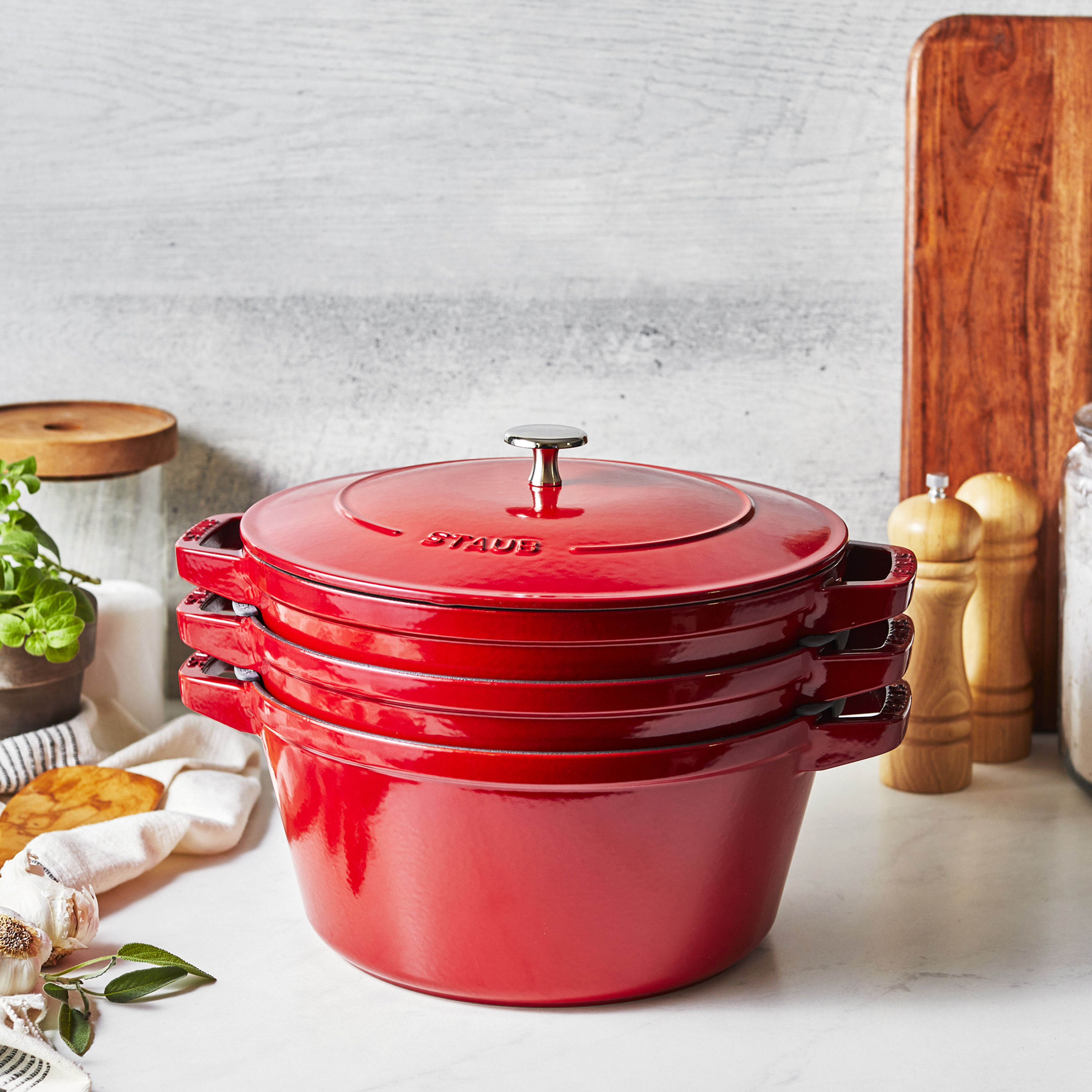 New! ✨ Staub Stackable 4-Piece Set includes a cocotte, braiser & grill pan  with one lid that fits all three. Shop + get this Shrimp…
