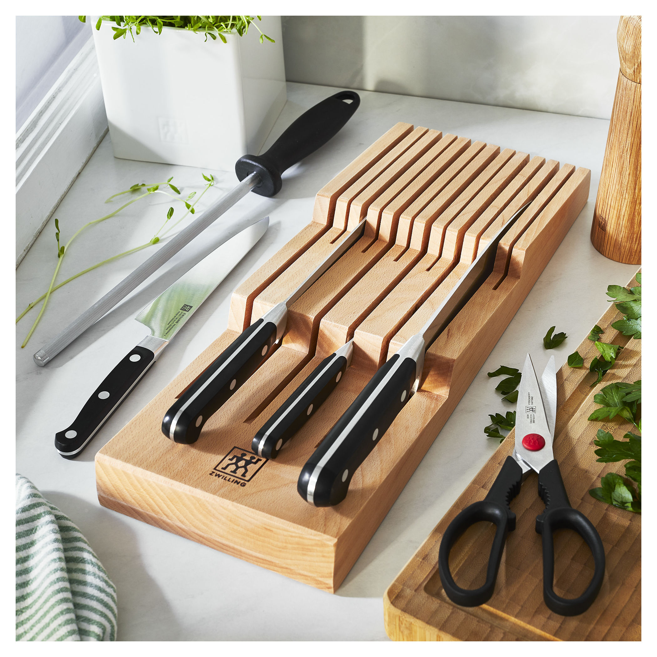 ZWILLING Pro 10-pc Knife Block Set with In-Drawer Knife Tray 