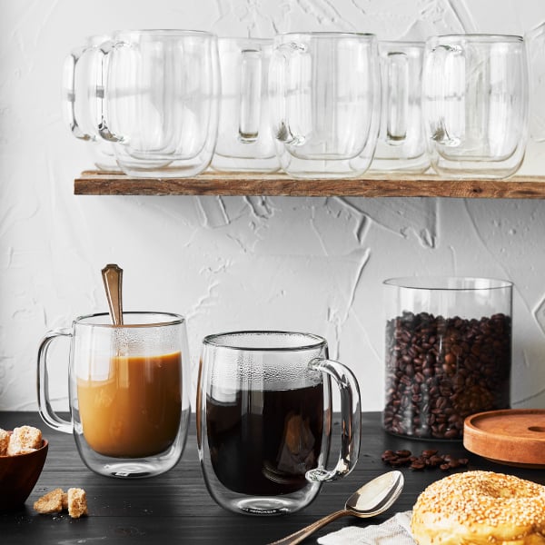 Chef's Unique Double Walled Glass Coffee Mugs 16 oz , Insulated Coffee Mugs  with Handle And Bamboo Lid , Clear Glass Cups for Coffee Tea , Clear